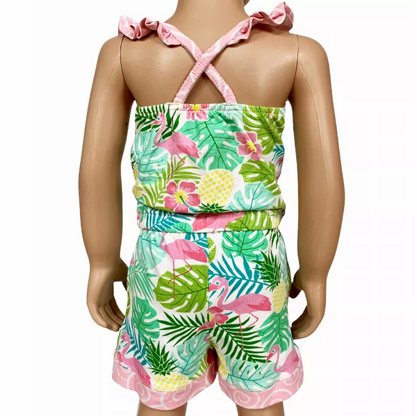 AnnLoren Little & Big Girls Pink Flamingo Palm Tree Kids Shorts Jumpsuit AnnLoren