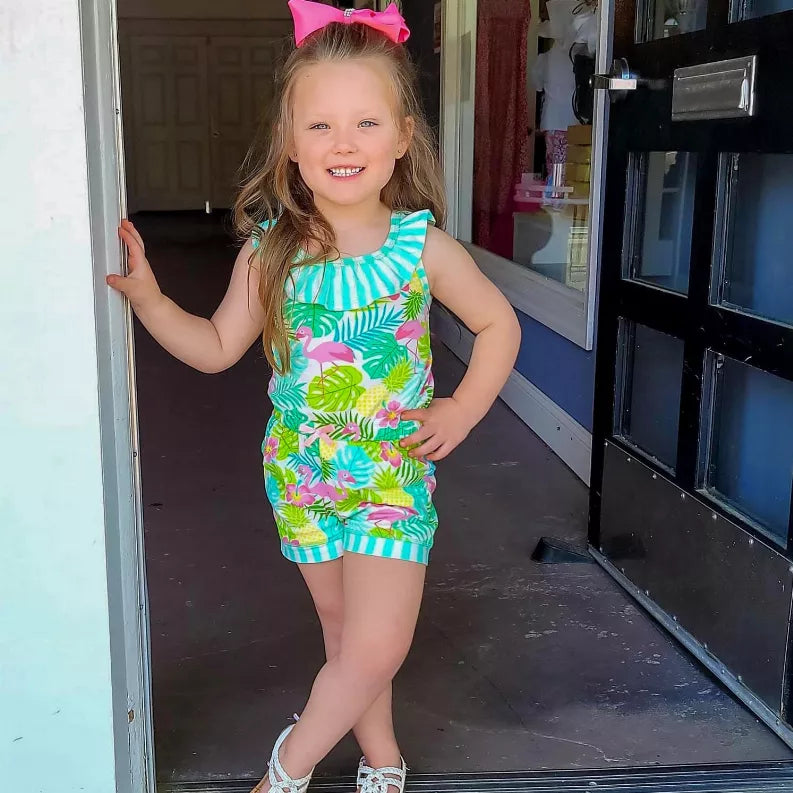 AnnLoren Little & Big Girls Pink Flamingo Palm Tree Kids Shorts Jumpsuit AnnLoren