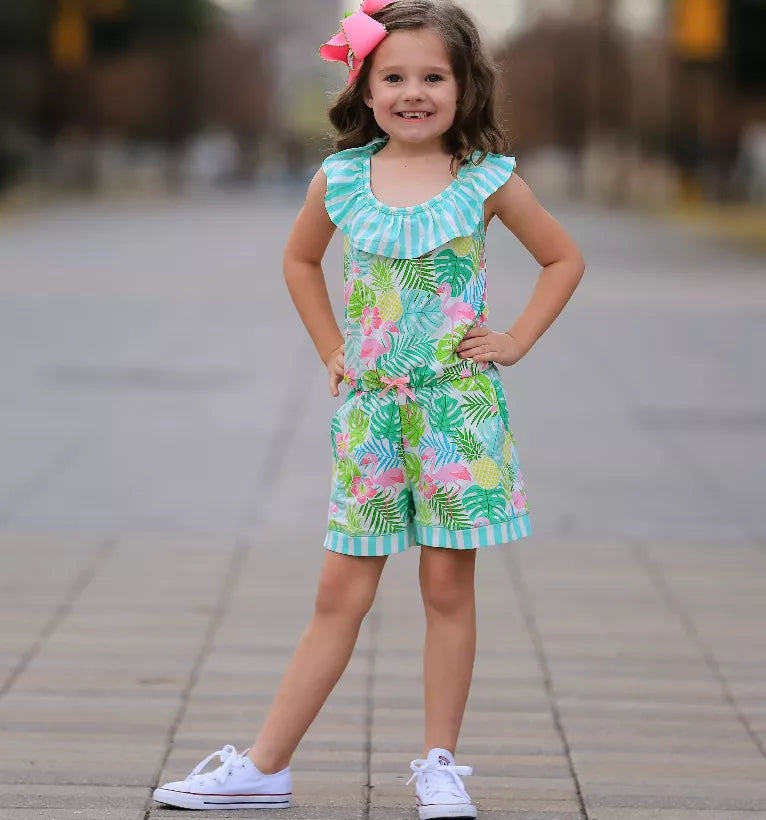 AnnLoren Little & Big Girls Pink Flamingo Palm Tree Kids Shorts Jumpsuit AnnLoren