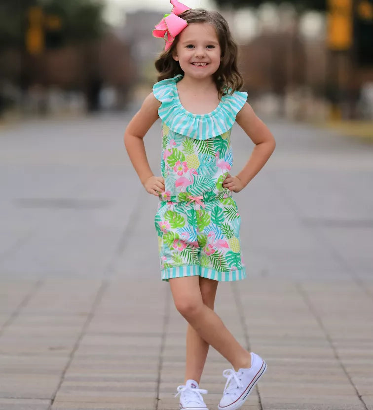 AnnLoren Little & Big Girls Pink Flamingo Palm Tree Kids Shorts Jumpsuit AnnLoren