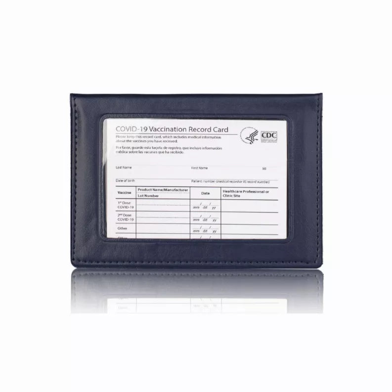 Vaccination record card holder with clear window, stitched dark blue