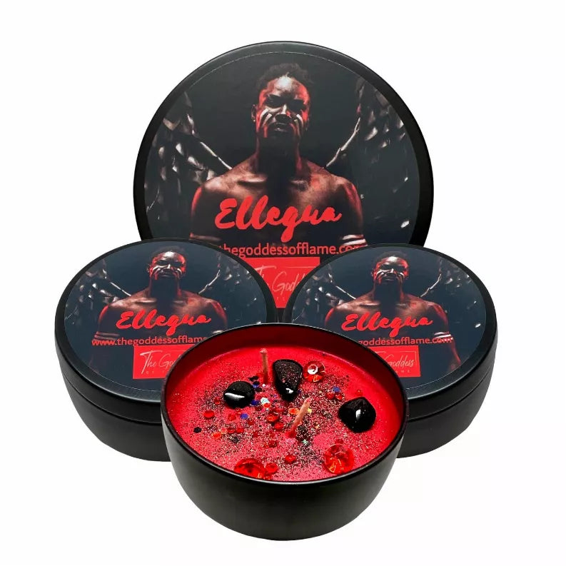 Three spiritual offering candle tins with illustrated lids and one front tin with red glitter wax