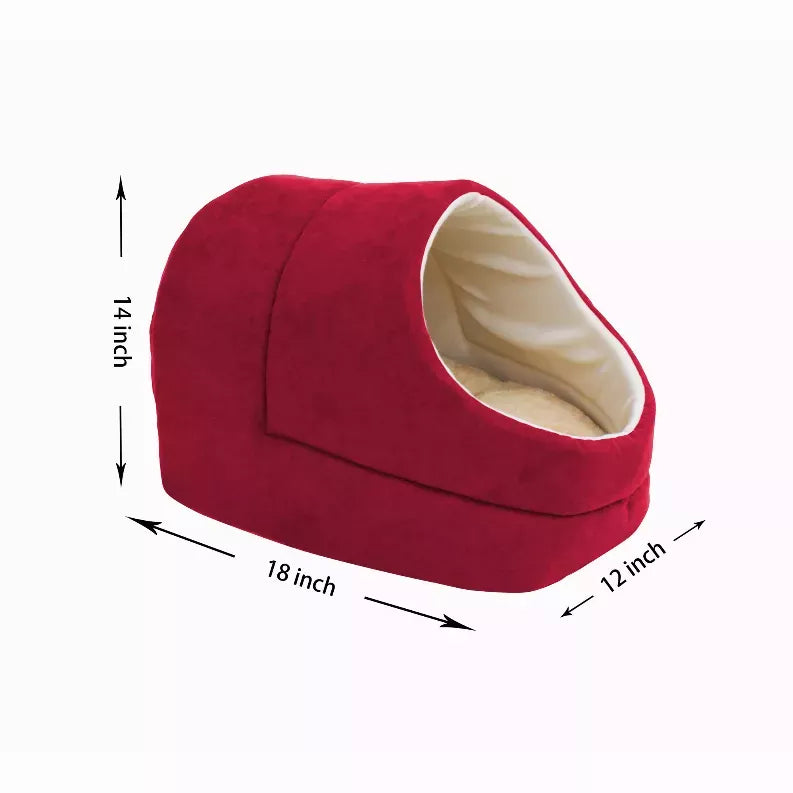 Red cat cave bed dimensions shown: 14 inch tall, 18 inch long, 12 inch wide