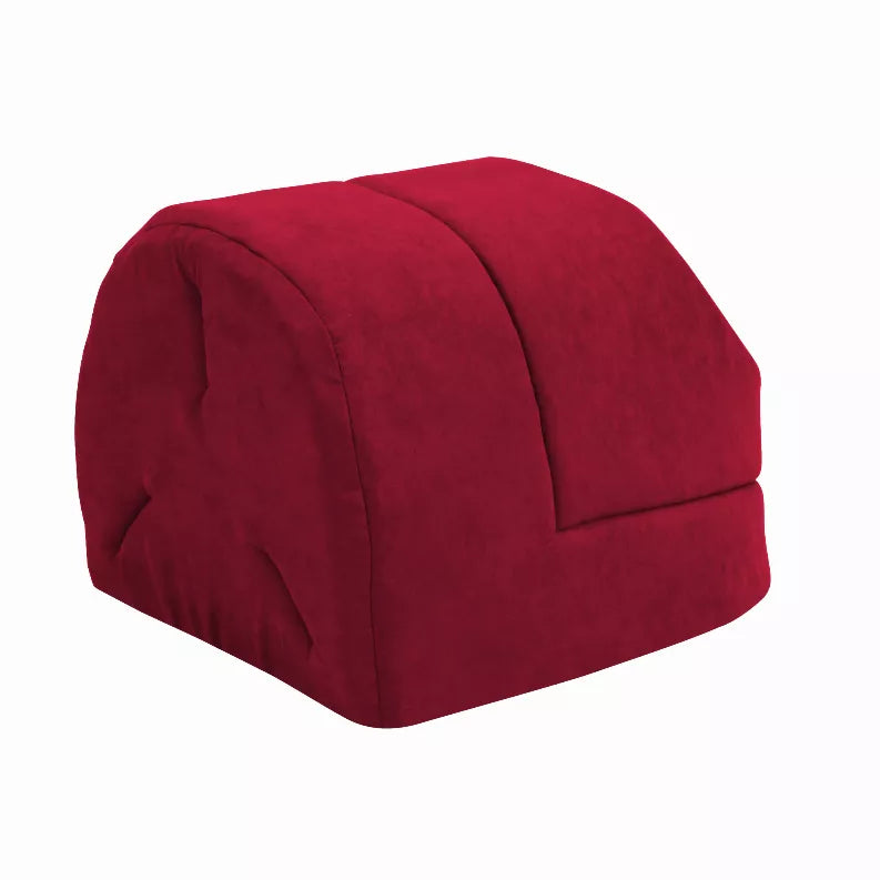 Red fabric cat cave bed with rounded dome shape and built-in entrance opening