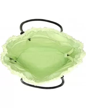 Open light green tote with black top handles and lined interior.