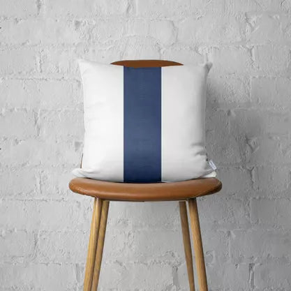 Throw pillow cover: white with dark blue vertical center stripe, faux leather look
