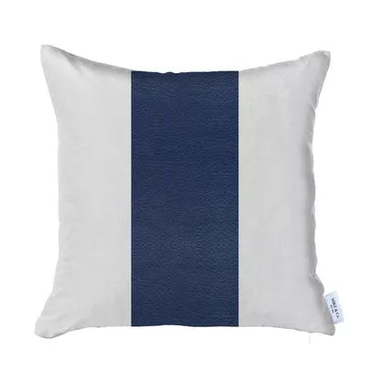 Square throw pillow cover in white with dark blue center stripe and small side label