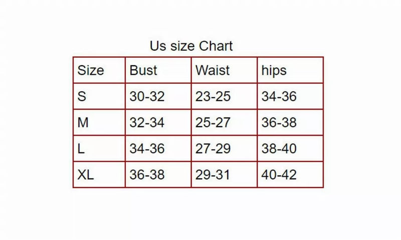 Size chart table: bust, waist, and hips measurements for S to XL
