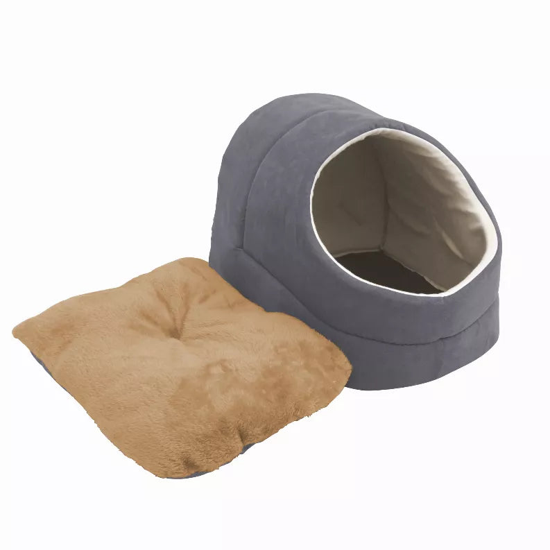Gray cat cave bed with tunnel entrance and removable beige cushion insert