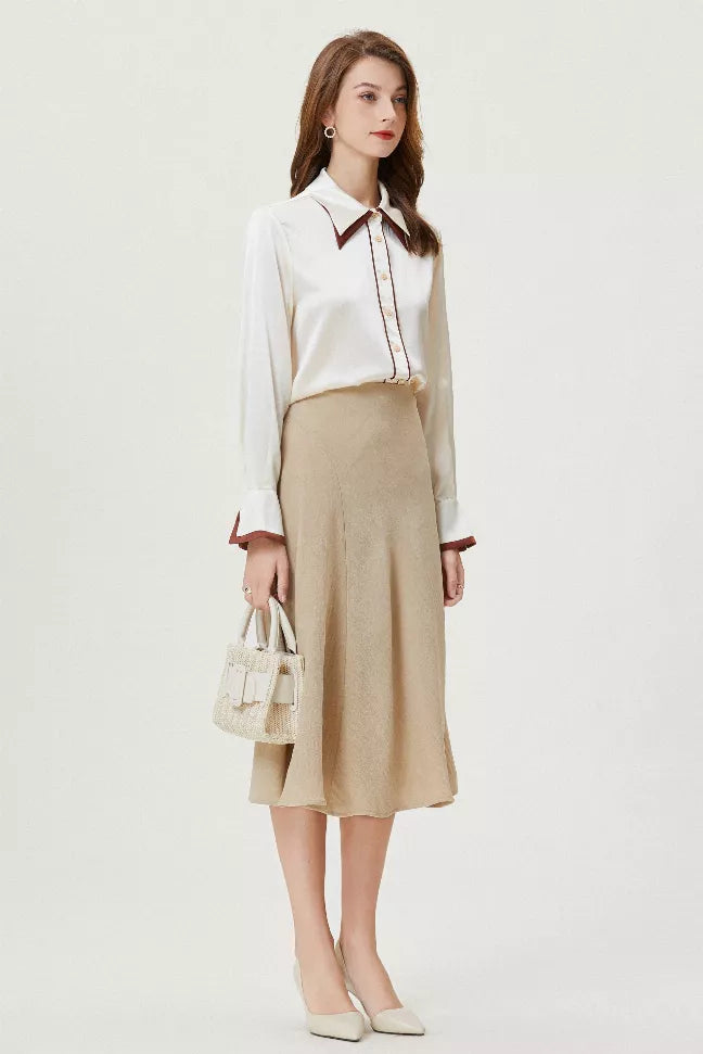 Silk button-up shirt in white with brown trim and bow-style collar tips
