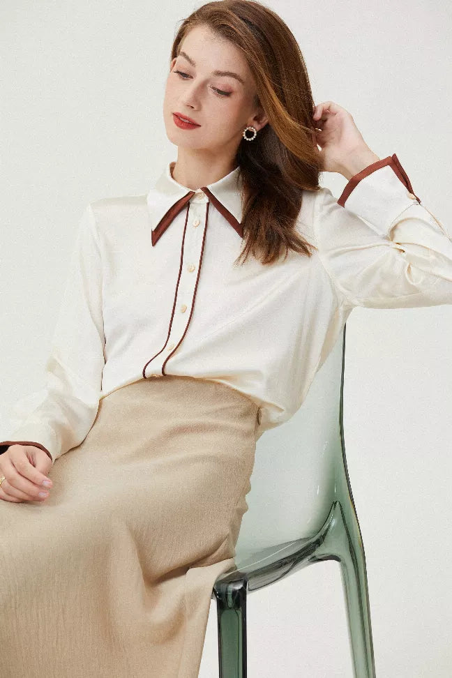 White silk shirt with brown-trim placket and collar bow tie