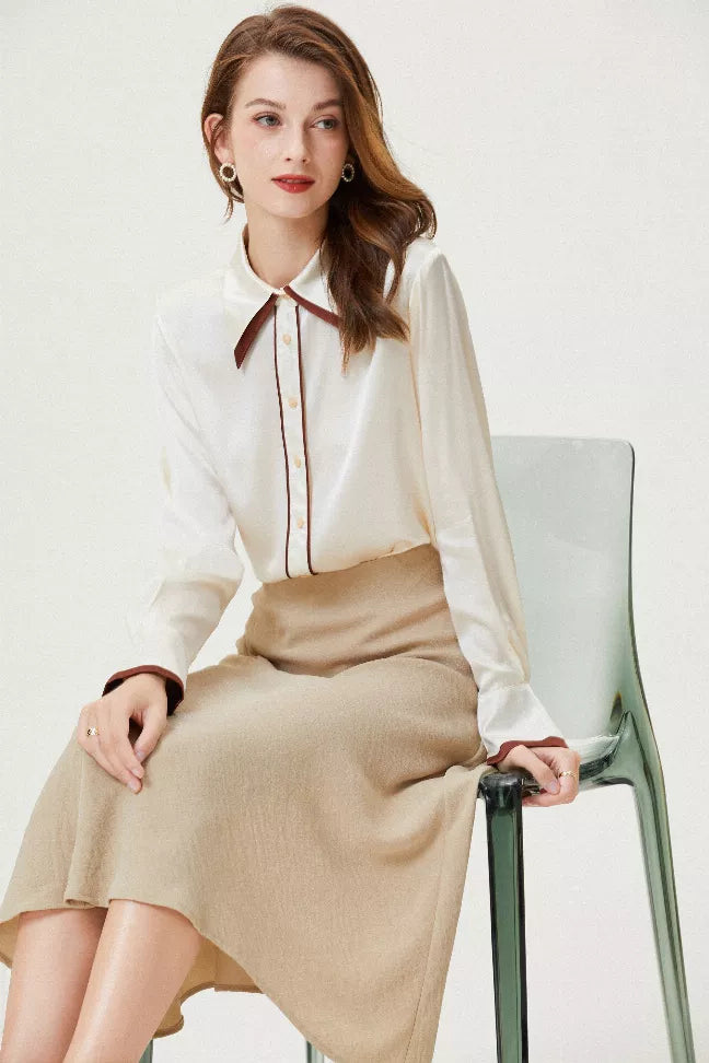 White silk button shirt with brown vertical placket and pointed collar tips