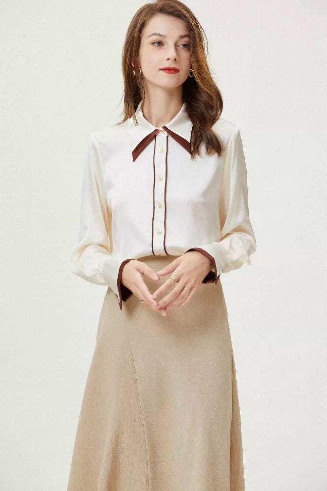 White silk shirt with brown-trim button front and collar