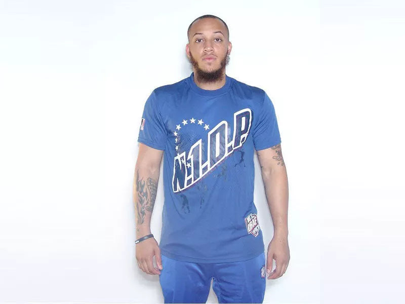 Blue sports t-shirt with large front graphic and crew neck.