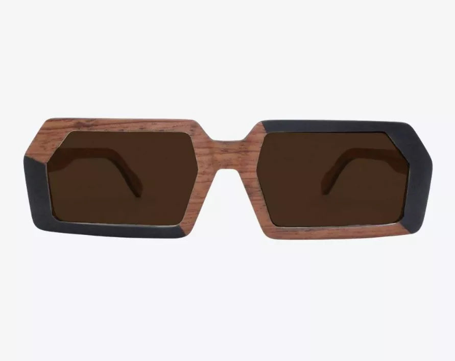Wood-framed sunglasses with dark rectangular lenses and black beveled sides