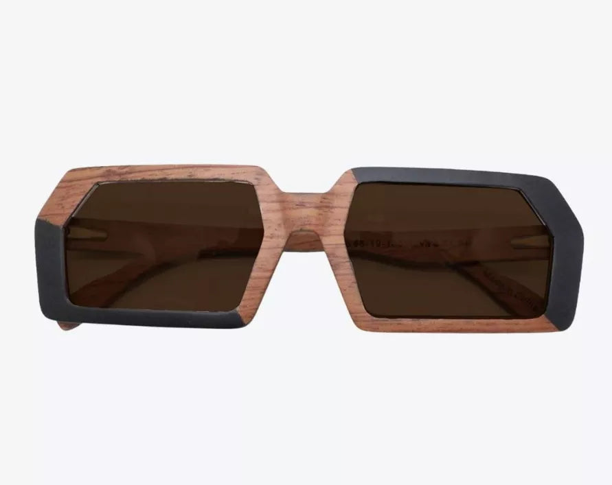 Wood-framed sunglasses with dark rectangular lenses and wood-and-black side panels