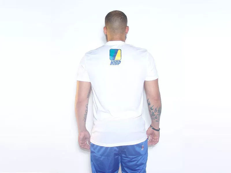 White sports T-shirt, back graphic print at center neckline and upper back