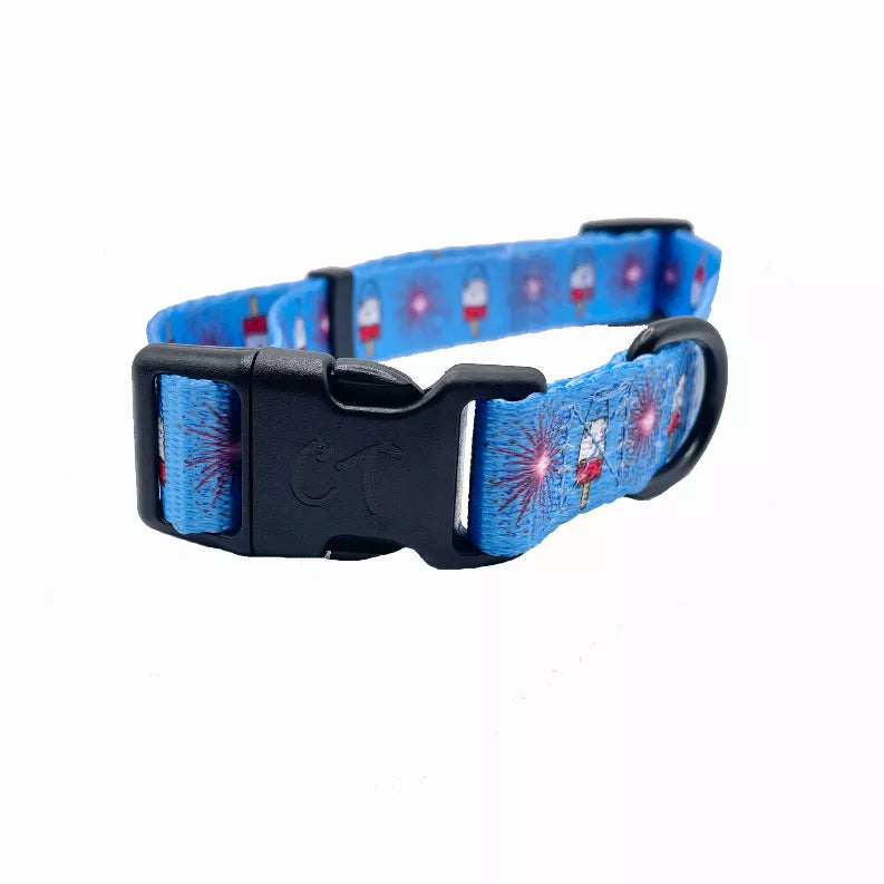Blue dog collar side view with black buckle and vibrant fireworks design