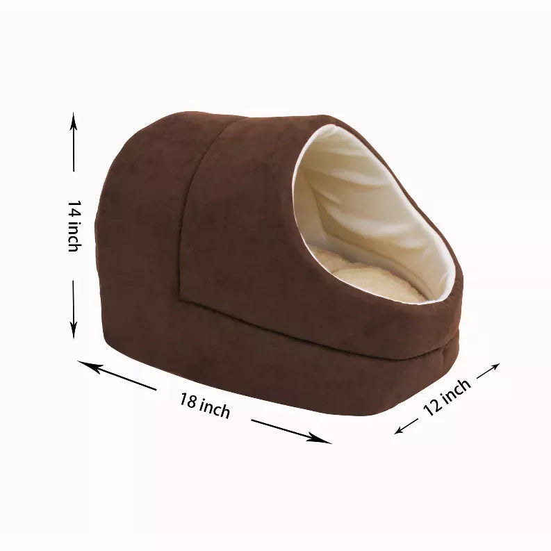 Brown cat cave bed dimensions: 14 in high, 18 in wide, 12 in deep, oval entrance