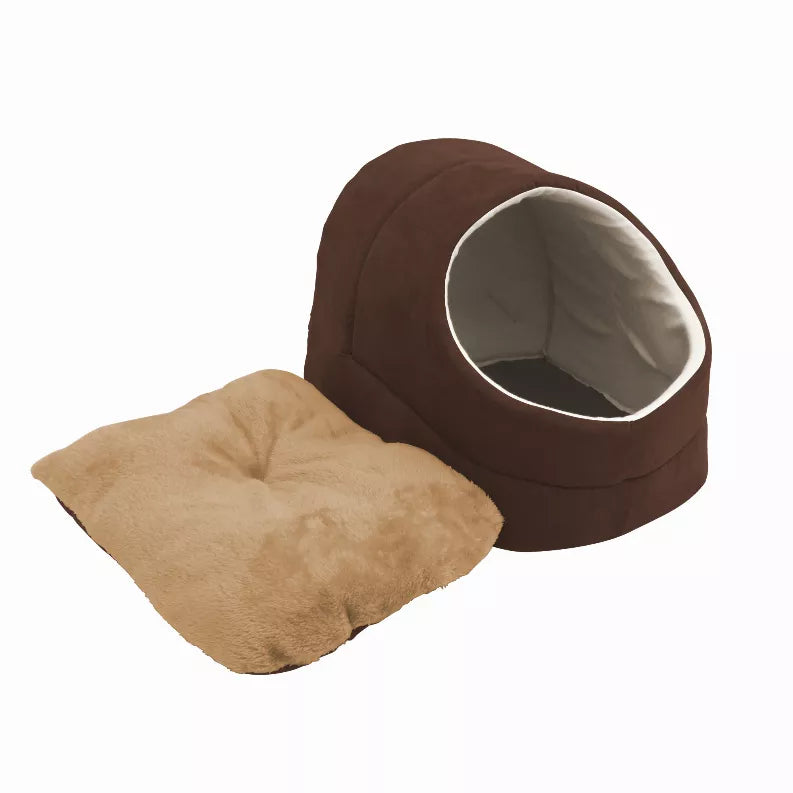 Brown cat cave bed with oval opening plus beige cushion pad