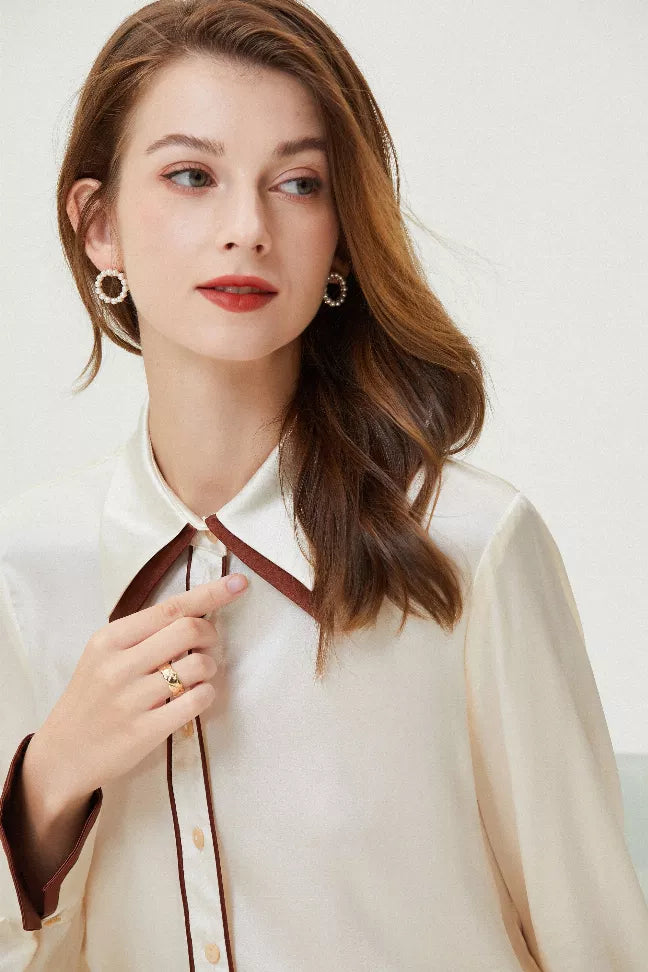 White silk shirt with brown tie-neck collar and button placket, long sleeves