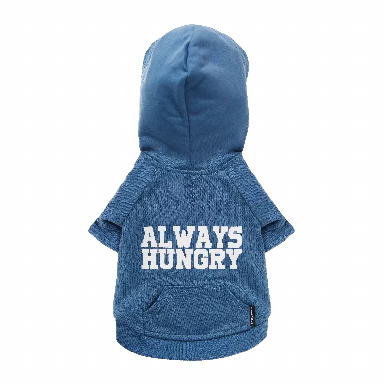 Blue hoodie back view with 'ALWAYS HUNGRY' text, hood, ribbed hem, and pocket