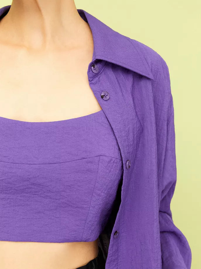 Purple cropped cami and button-front oversized shirt, close-up