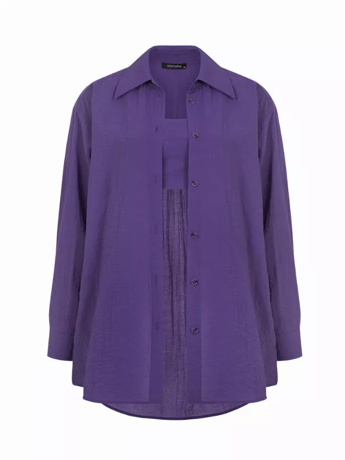 Purple button-front oversized shirt with pointed collar