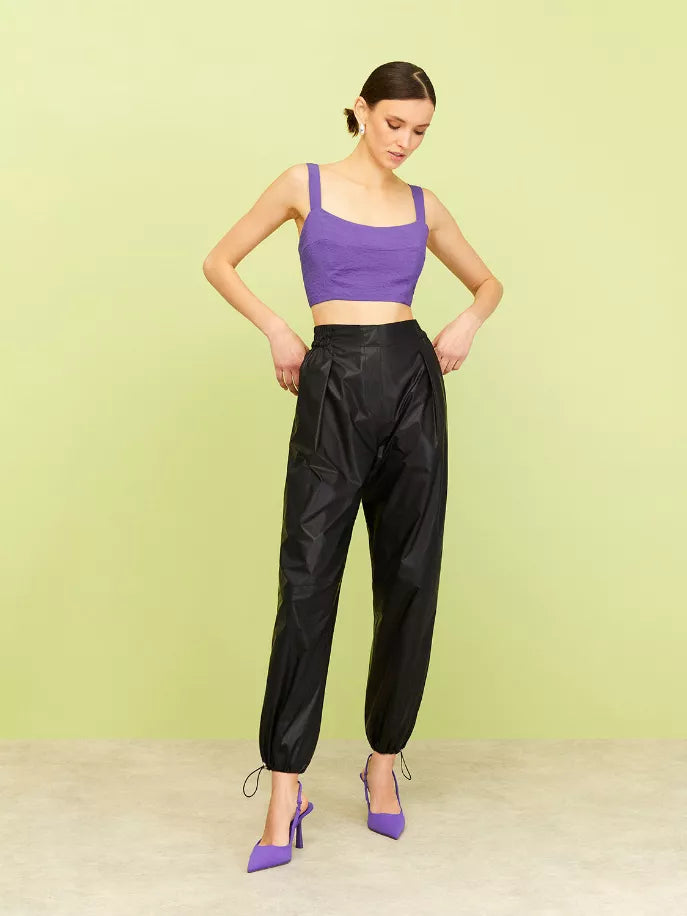 Purple cropped camisole and oversized shirt set with black pants