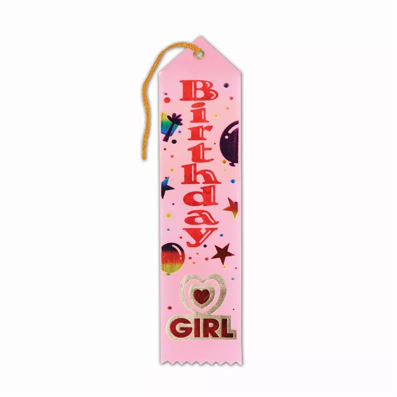 Pink birthday award ribbon: “Birthday Girl” text, hanging orange cord, scalloped bottom