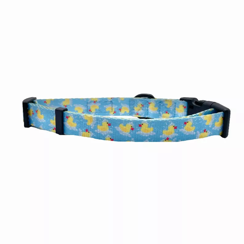 Blue duck-print dog collar with black plastic buckle and adjustable strap.