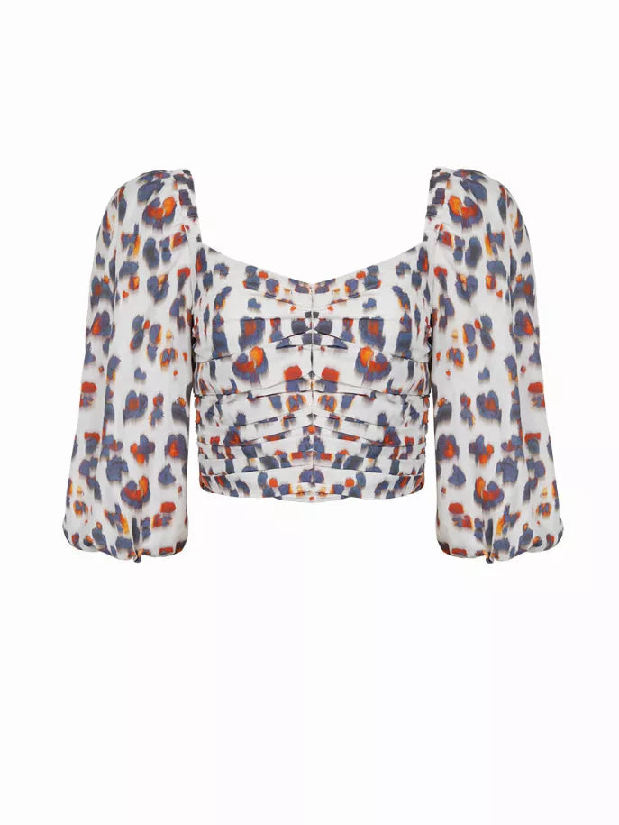 Leopard print cropped top with gathered yoke and puff sleeves, square neckline