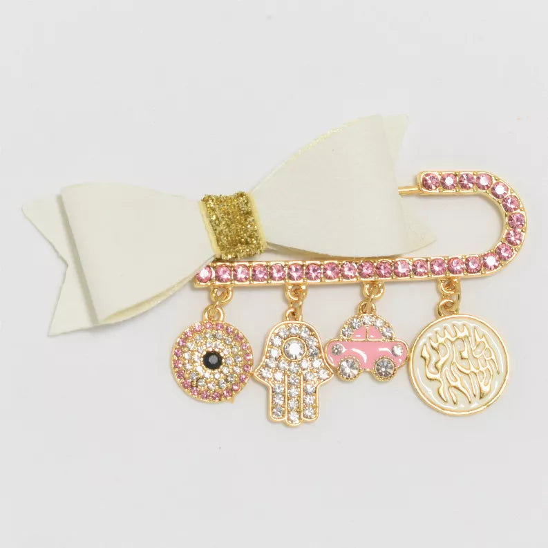 Rhinestone bow and charm baby pin with pink elephant, heart, circle, and gold leaf charm