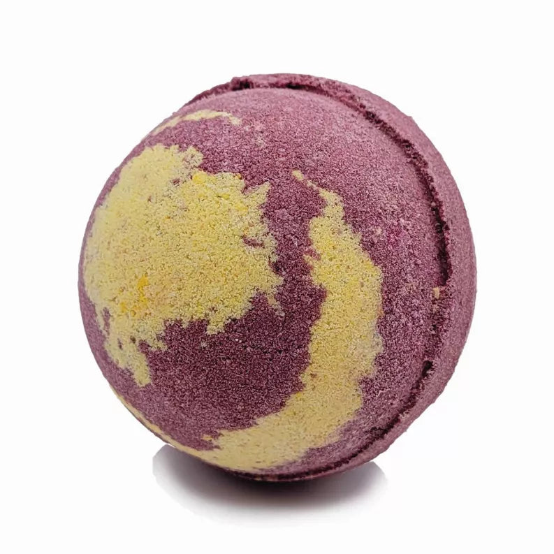 Purple round bath bomb with yellow blotches
