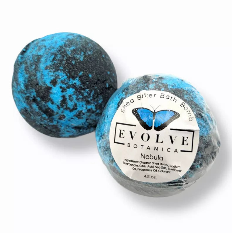 Blue and charcoal round bath bombs with EVOLVE label