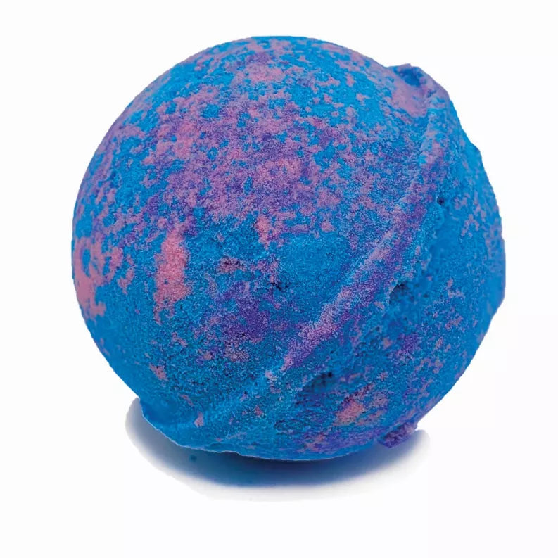 Blue bath bomb with purple-pink speckled marbling effect
