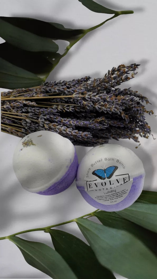 Lavender round bath bomb with sprig and dried-lavender flower on top