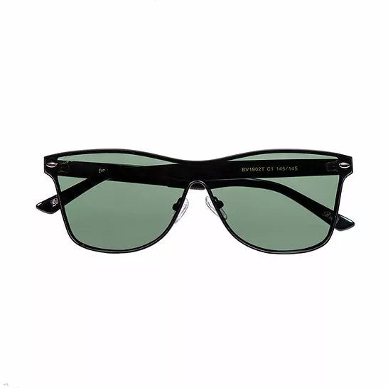 Cat-eye sunglasses with black frame and green tinted lenses, glossy finish.
