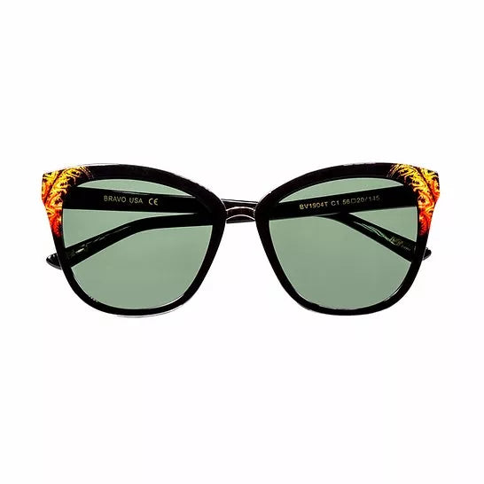 Unisex tiger-print sunglasses, black round frames with orange pattern and green lenses