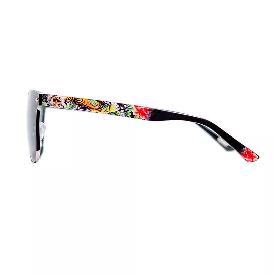 Side view sunglasses with light frame rims and colorful tiger-print temple detail.