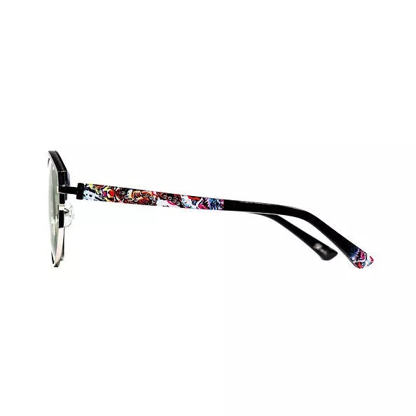 Side view sunglasses with black frame and colorful tiger-print temple arms.