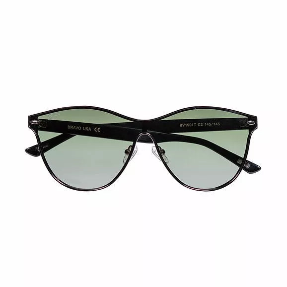 Cat-eye sunglasses with black frame and light green tinted lenses, front view.