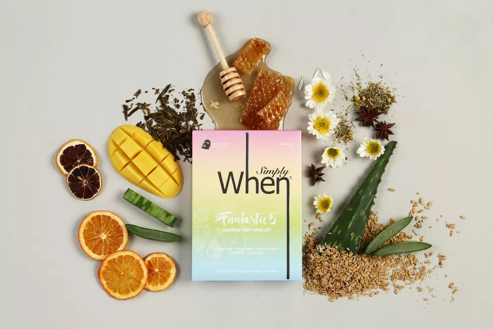 Simply When Fantastic Five sheet mask box with decorative fruit and herb items.