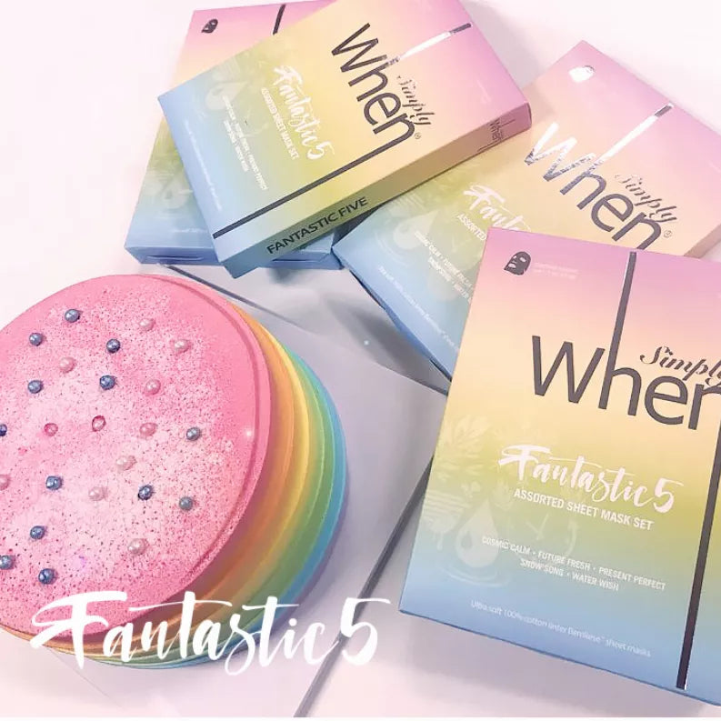 Fantastics5 sheet mask set packaging and colorful mask sheet slice with droplets design.