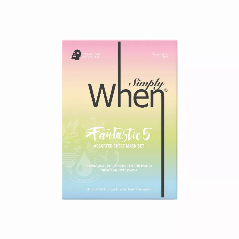 Simply When Fantastics5 assorted sheet mask set box with gradient ombre design.