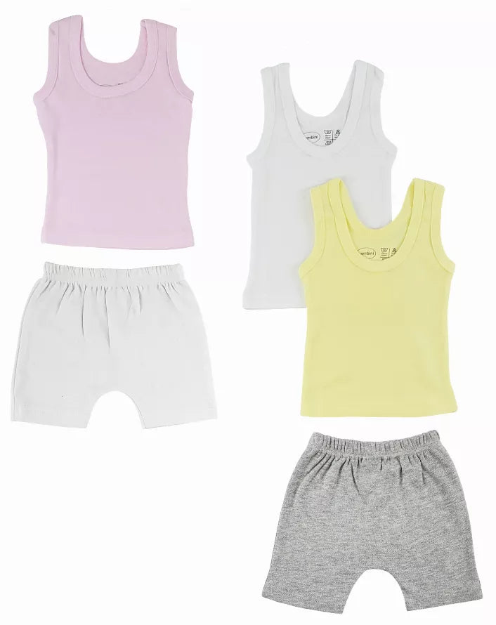 Girls sleeveless tank tops and shorts set in lilac, white, and yellow