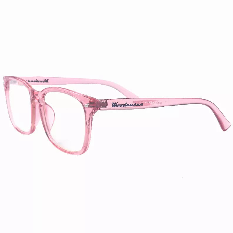 Pink rectangular blue-light glasses, side profile, engraved temple arm, clear lenses.