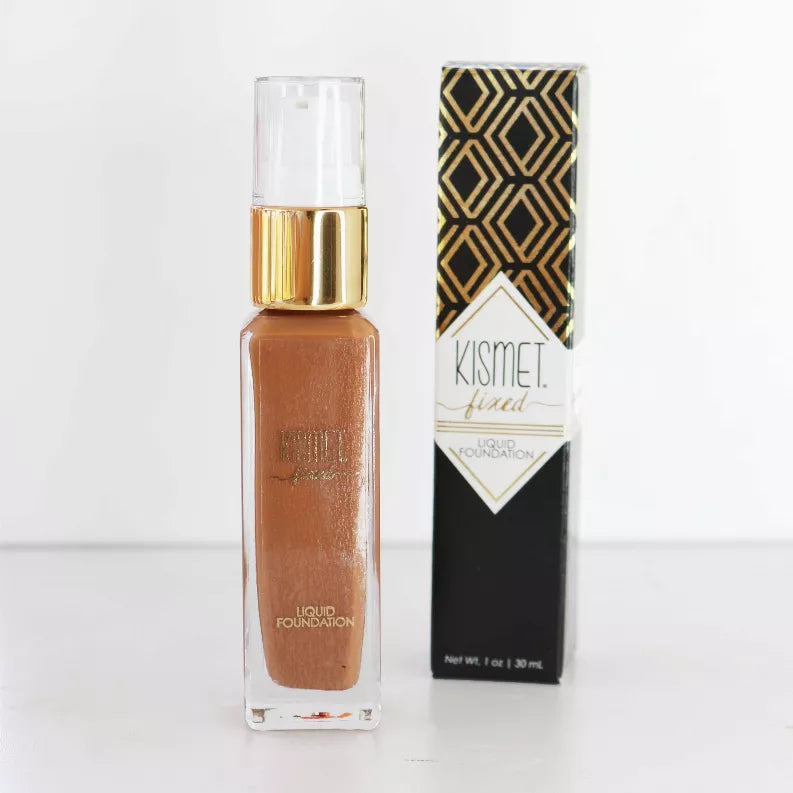Liquid foundation bottle and box, warm medium-brown liquid shade