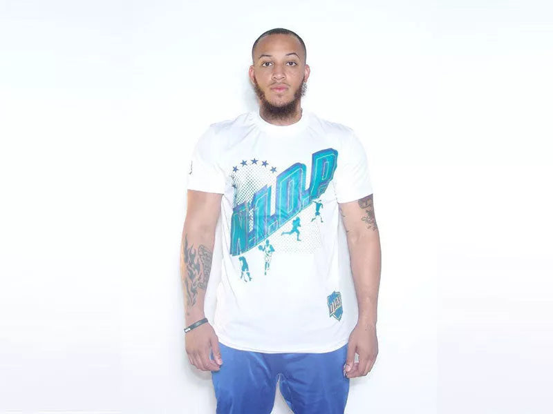 White sports T-shirt with large blue front graphic and small emblem