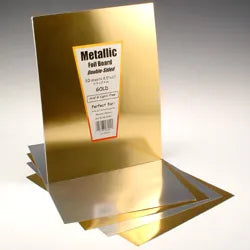 Gold metallic foil board set with product label on an upright sheet